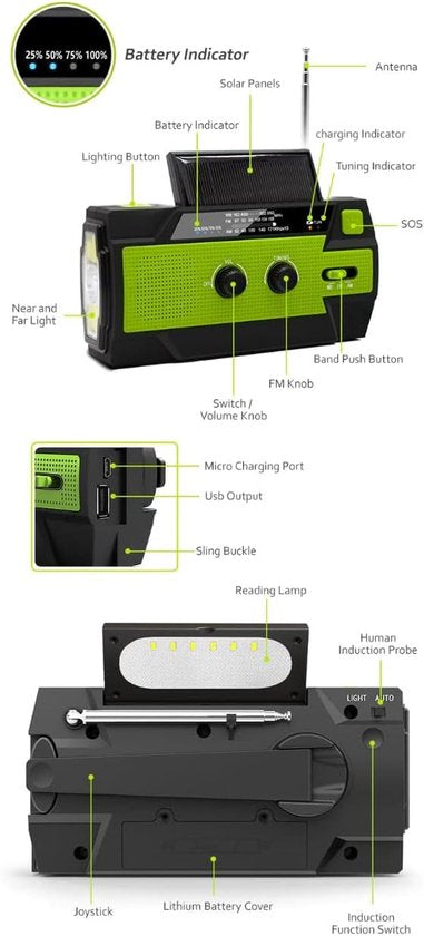 Noodradio Solar Opwindbaar en Batterij - Groen